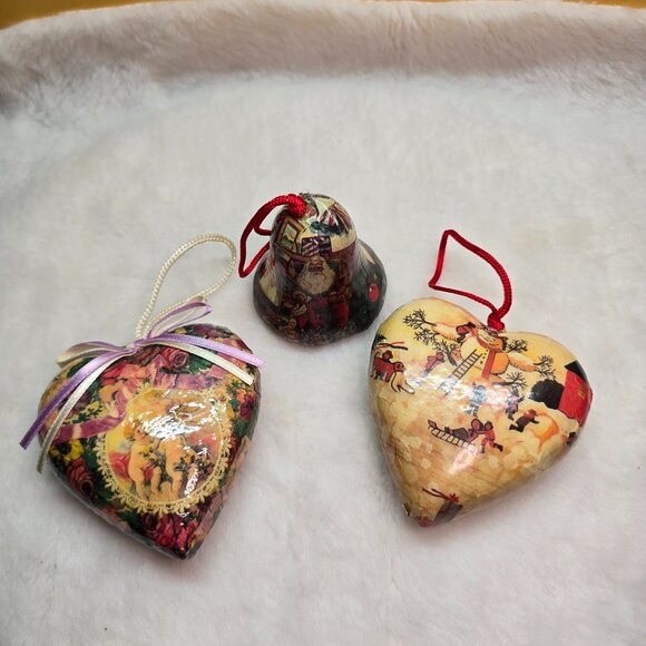 3 Vintage Victorian Decoupage Christmas Olde World Paper Mache Ornaments - Picture 1 of 8